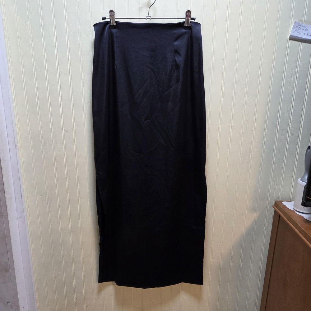 Skirt Womens Small Black Solid Satin Straight Long Zip Back Slit Spring Party